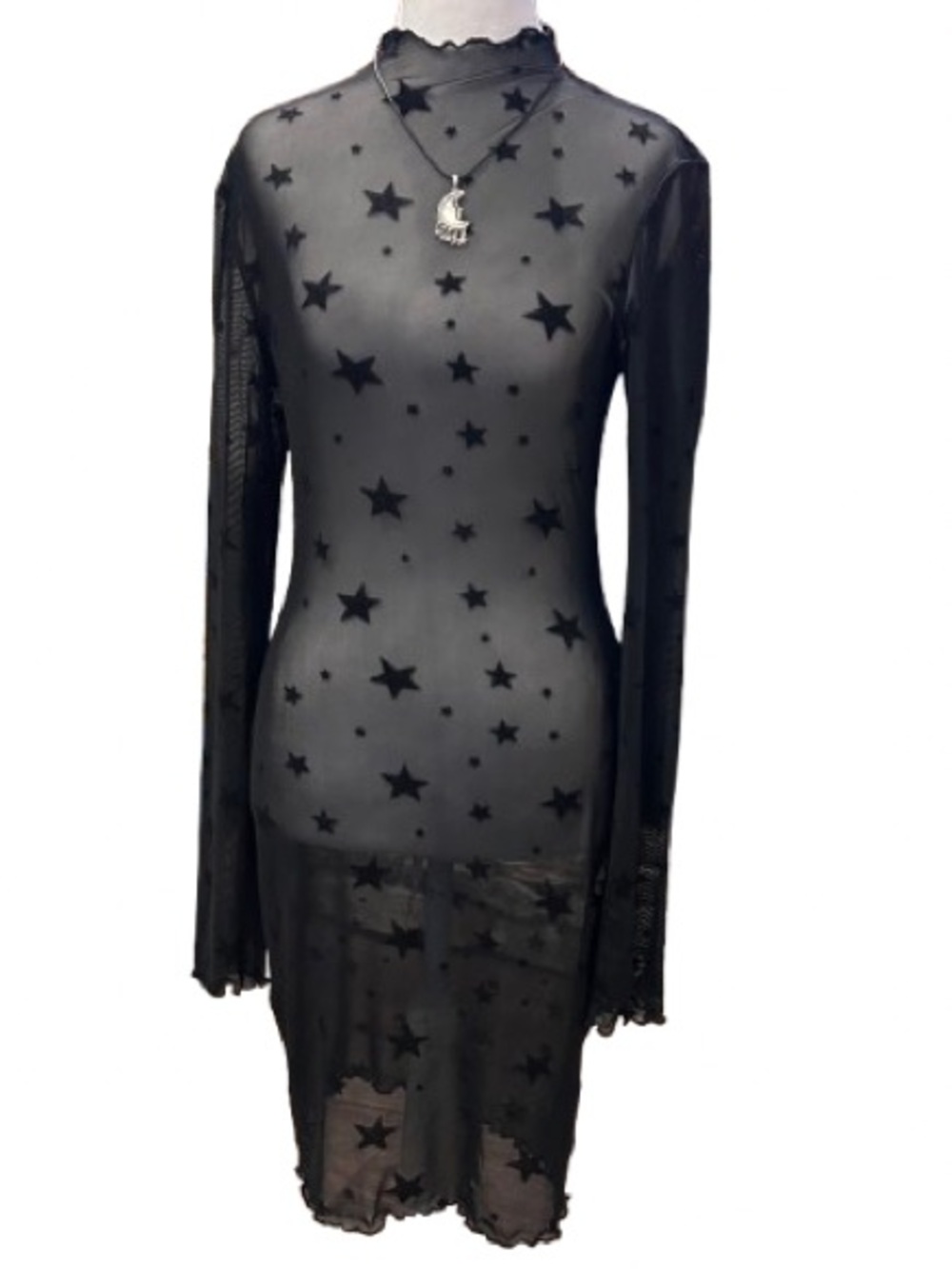 Celestial Star Mesh Midi Dress Whimsigoth Mock Neck Bodycon Y2K Grunge Size L